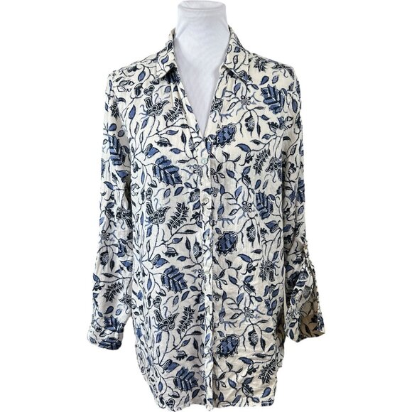 Rachel Zoe Women Blue Floral Linen Top Shirt L Large Button Down Roll Tab Sleeve - Picture 1 of 7